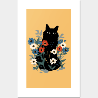 Cute black cat in the garden Posters and Art